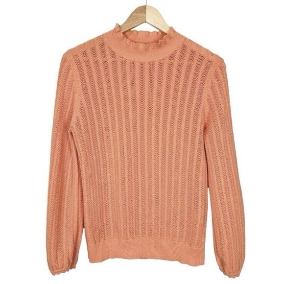 J. Crew Sweaters - J Crew Women Pointelle Ruffle Mock Neck Sweater M Peach Sheer Preppy 100% Cotton